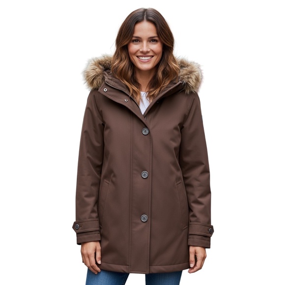 PRADA BROWN FUR TRIMMED HOODED BUTTON FRONT PADDED JACKET - Picture 6 of 6